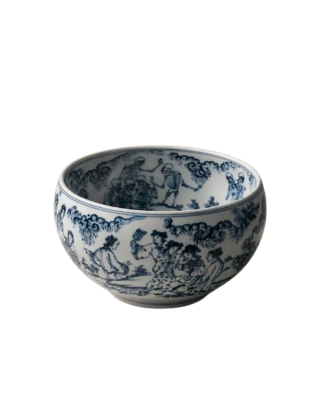 Blue-and-white Beauty and Bones porcelain bowl with painted scene