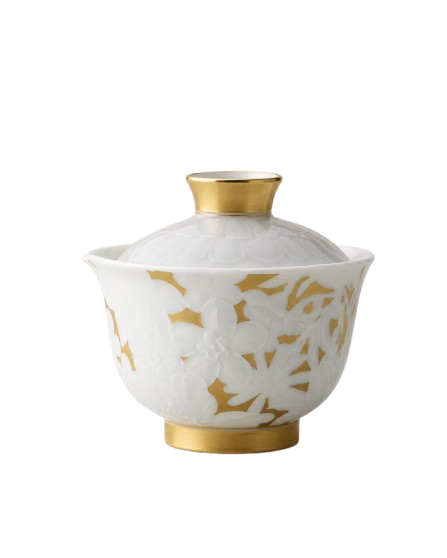 White porcelain Golden Peony gaiwan with raised floral motif