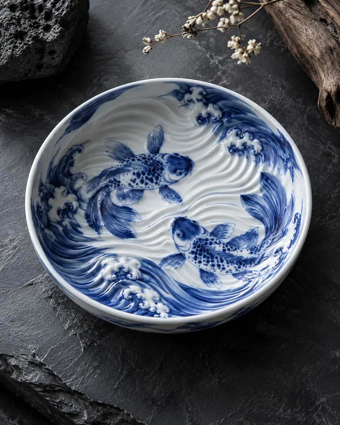 Blue-and-white dish with painted fish and sculpted waves on dark slate.