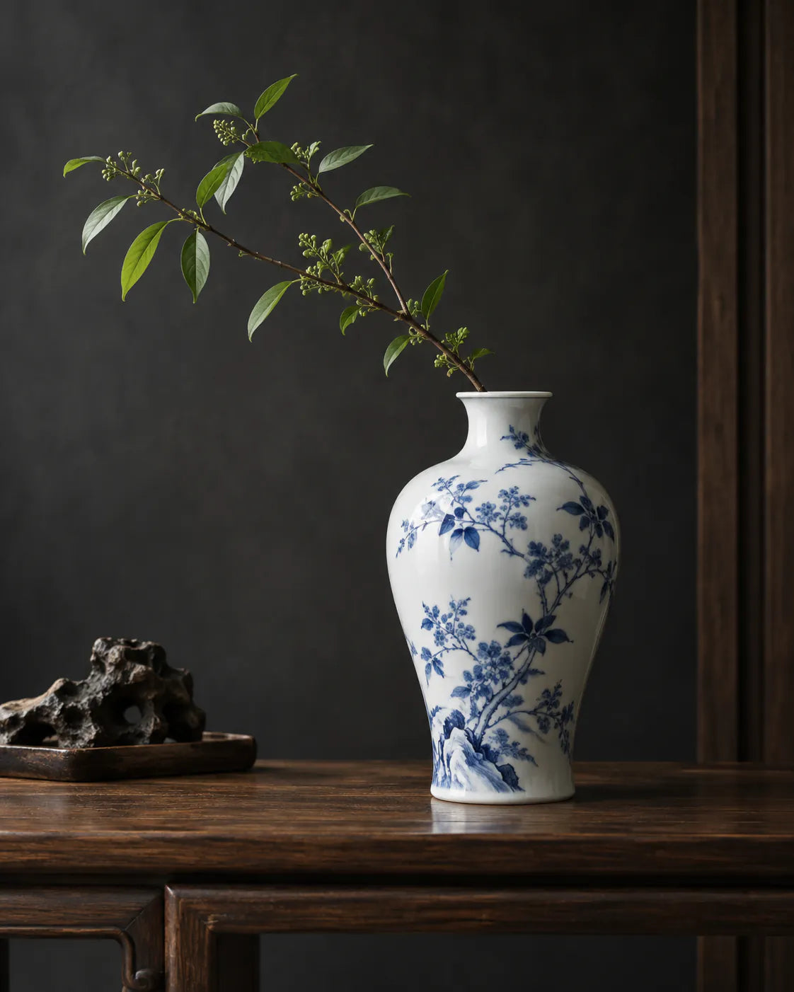 Blue-and-white botanical vase with a leafy branch on dark wood.