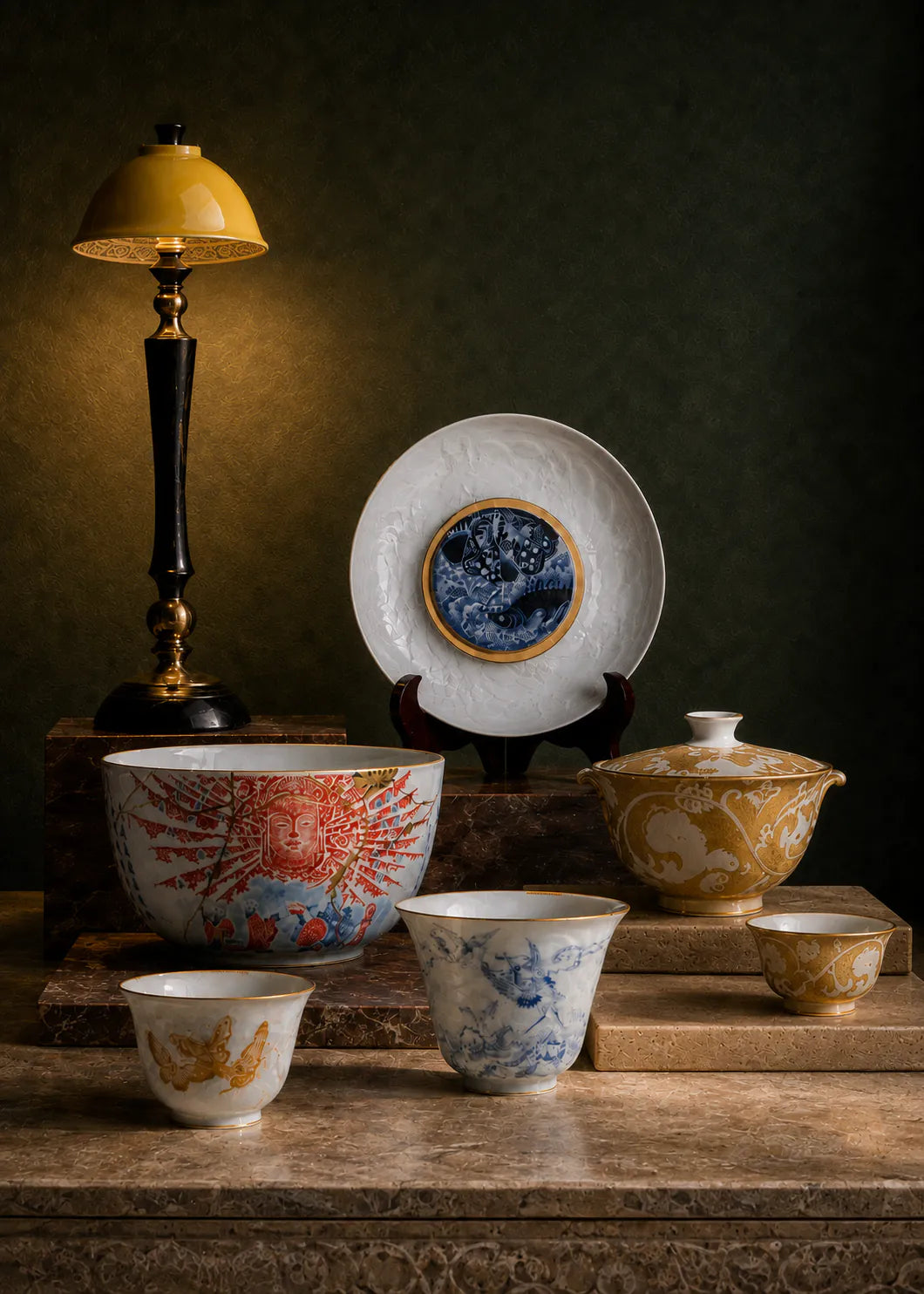 Blue-and-white, coral and gilt porcelain vessels staged on a stone plinth under a lamp
