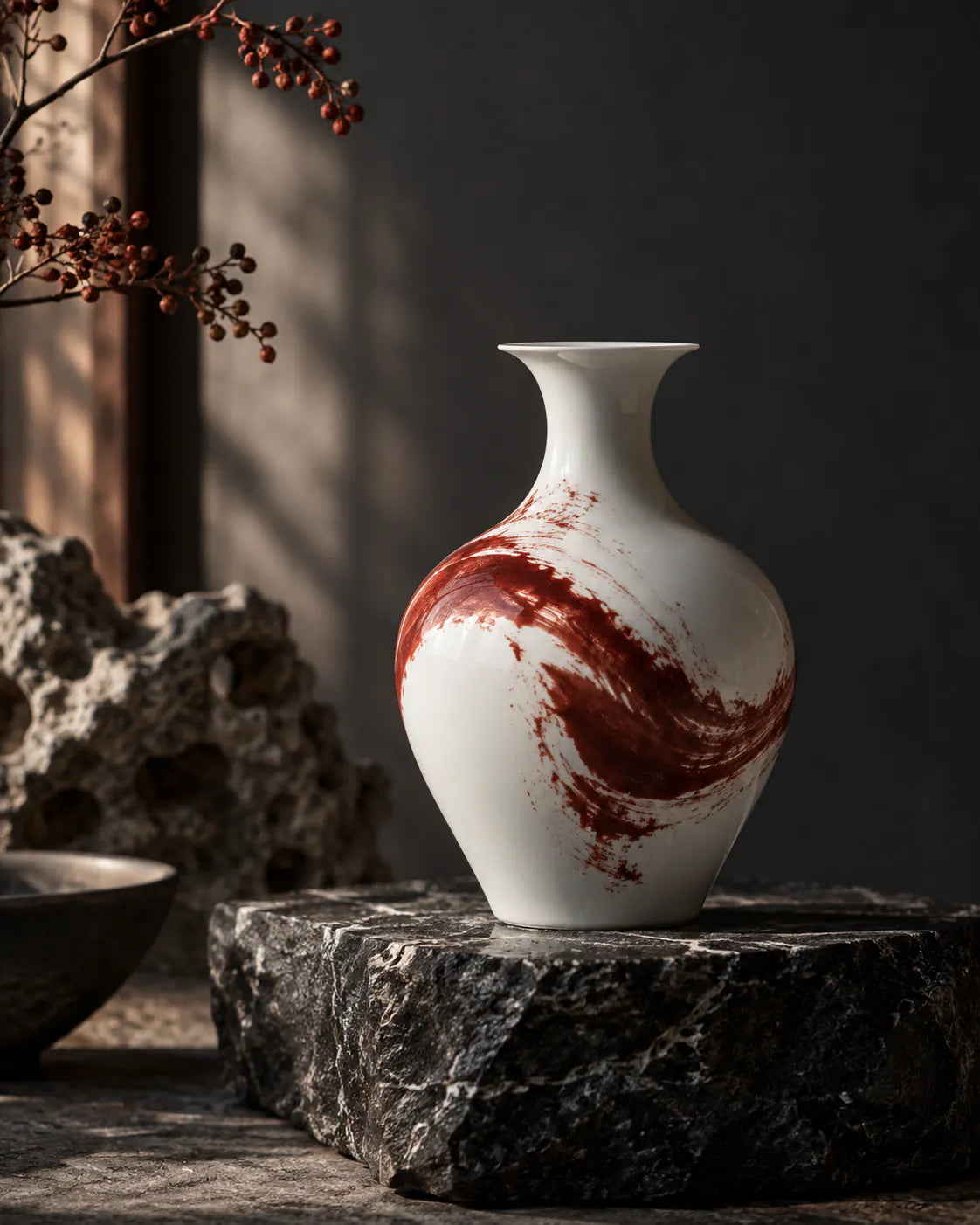 White vase with a sweeping red brushstroke on a dark stone plinth.