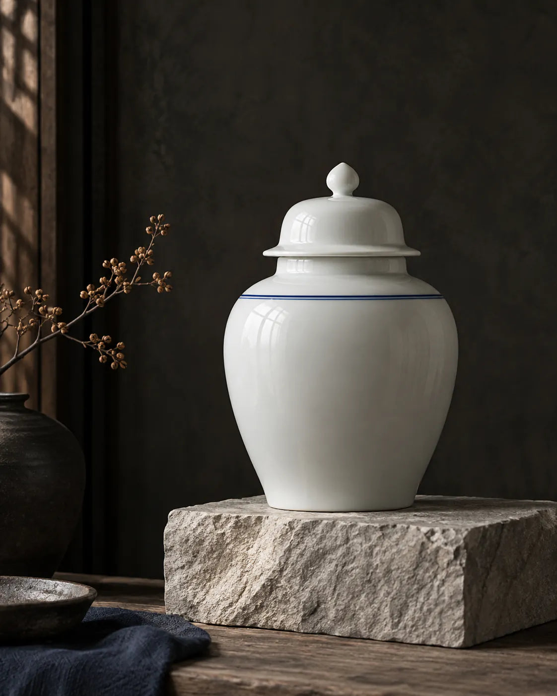 Classic white lidded jar with a fine cobalt band on a stone plinth.