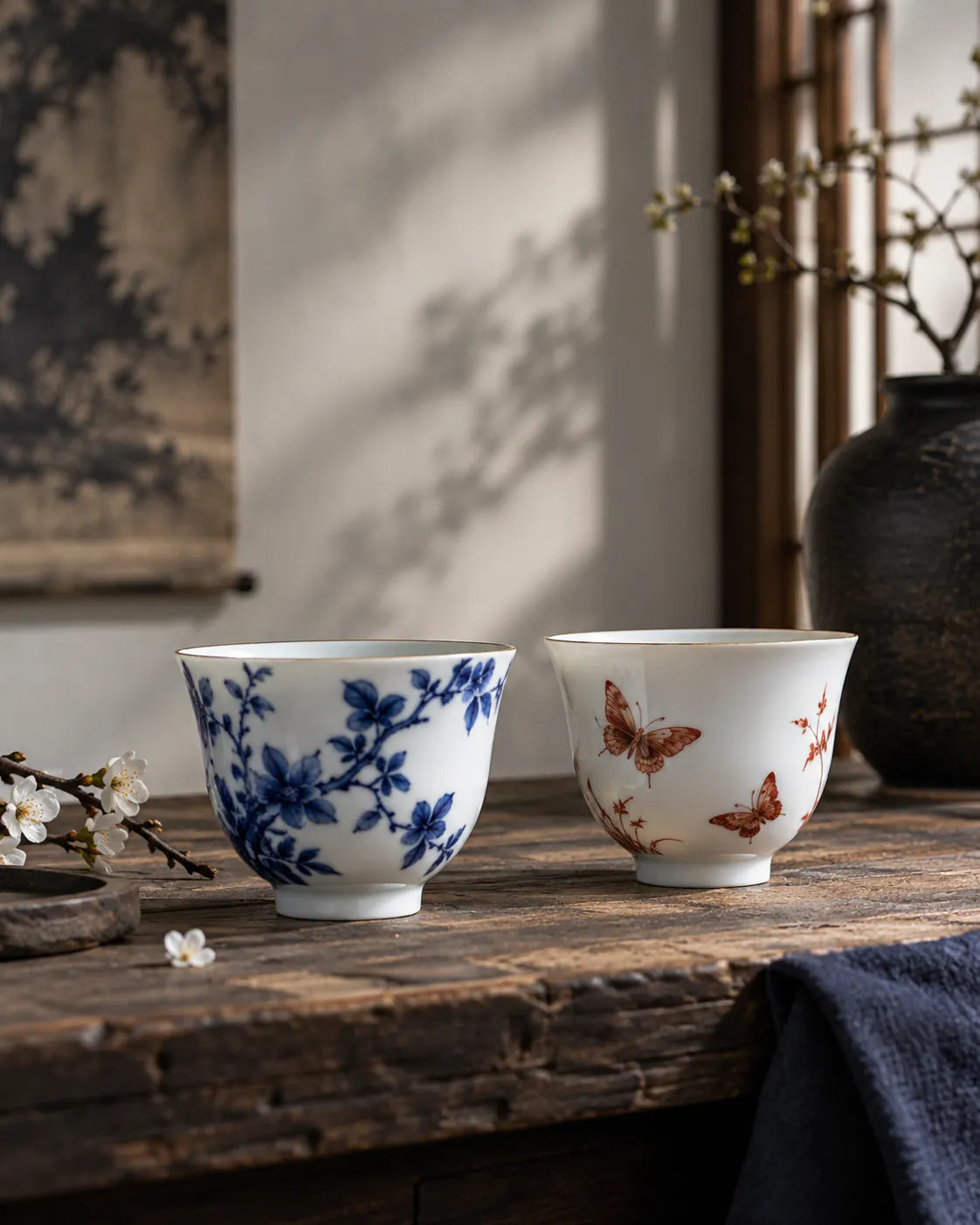 Two porcelain cups with contrasting blue botanical and red butterfly motifs.