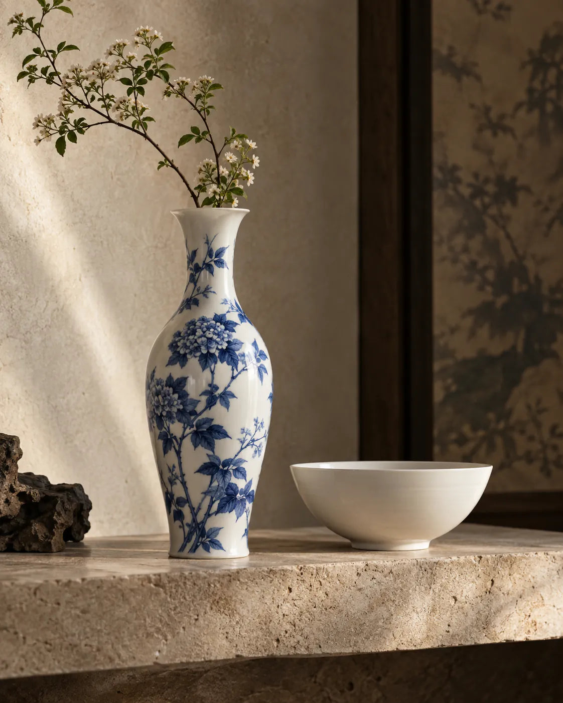 Slender floral vase and plain white bowl arranged on a pale stone shelf.
