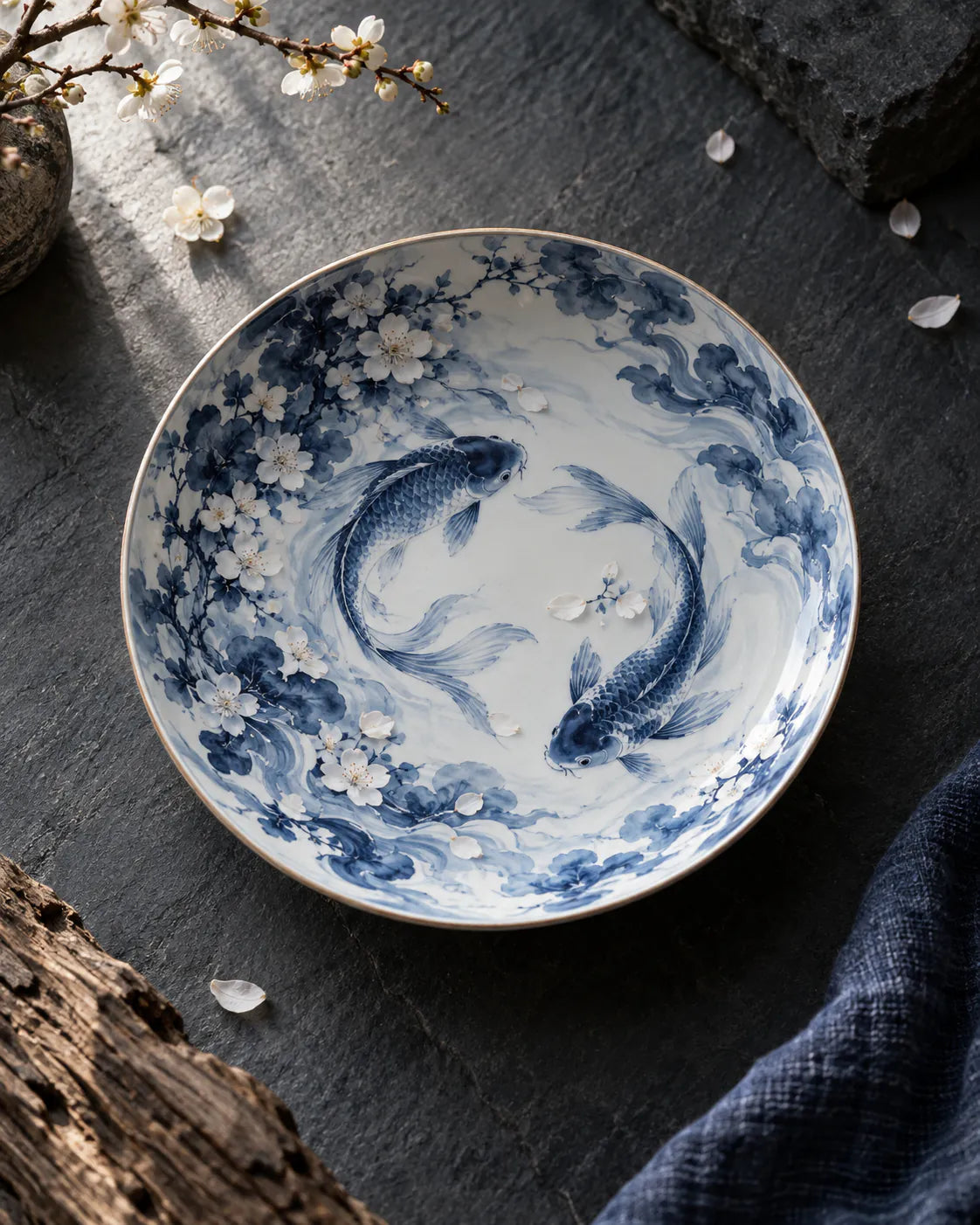 Overhead view of a blue-and-white bowl with two fish, waves and blossoms.