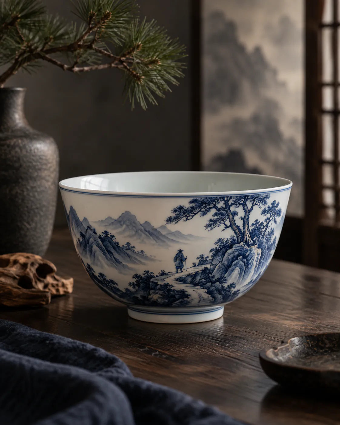 Porcelain bowl depicting a traveller among mountains and pine trees.