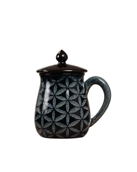 Wild Spirit ceramic lidded mug with painted nature motif