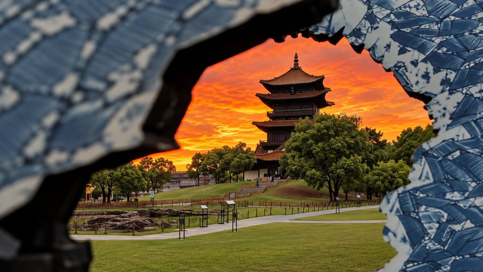 夕照中的景德镇窑址塔，透过青花碎瓷片墙的缺口望去