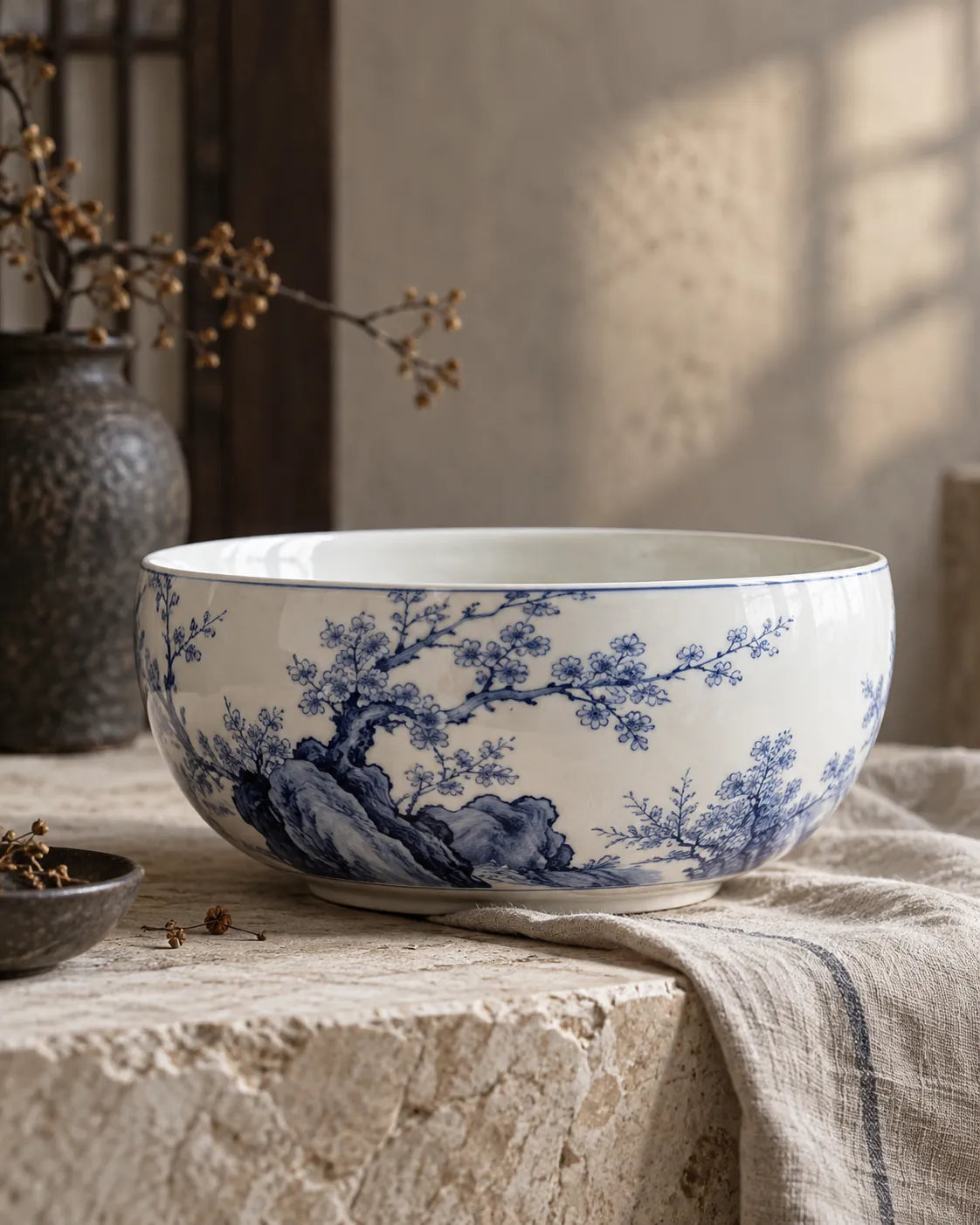 Rounded blue-and-white bowl resting on pale stone and natural linen.