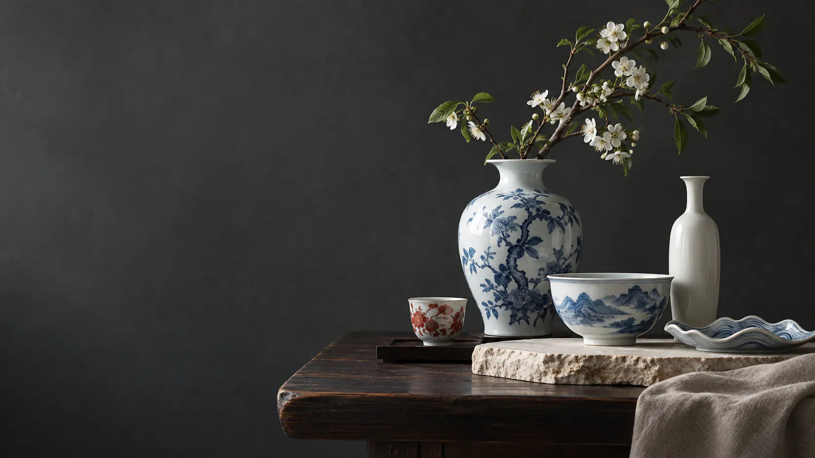 A still life of blue-and-white porcelain and a blossoming branch on a dark wooden table