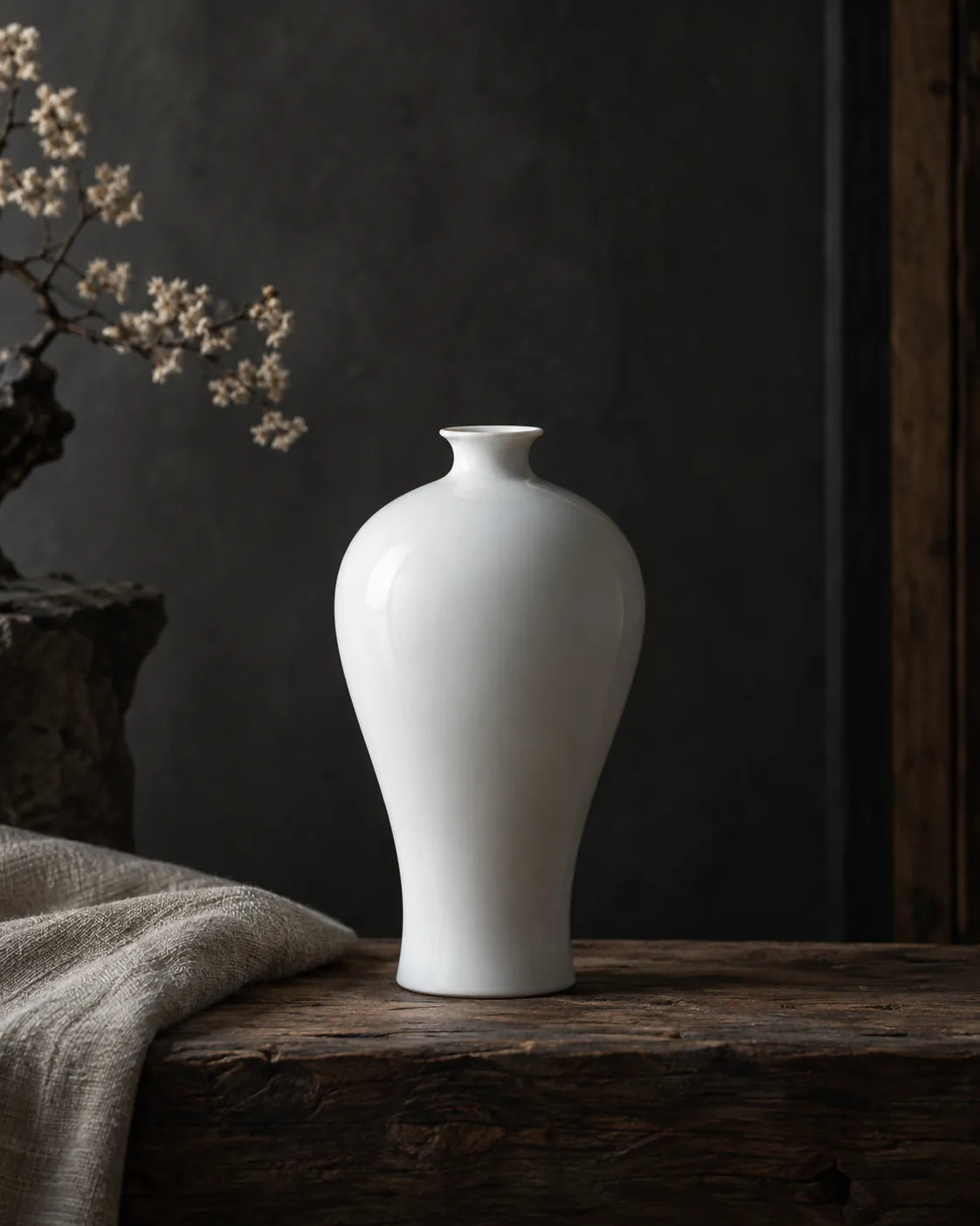 Undecorated white porcelain vase against a charcoal background.