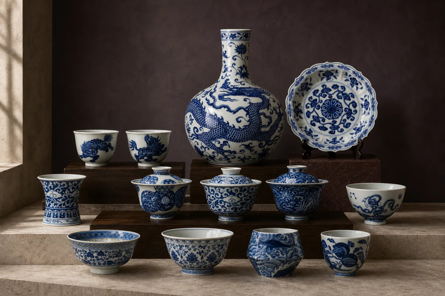 Collection of blue-and-white porcelain pieces staged on wooden risers