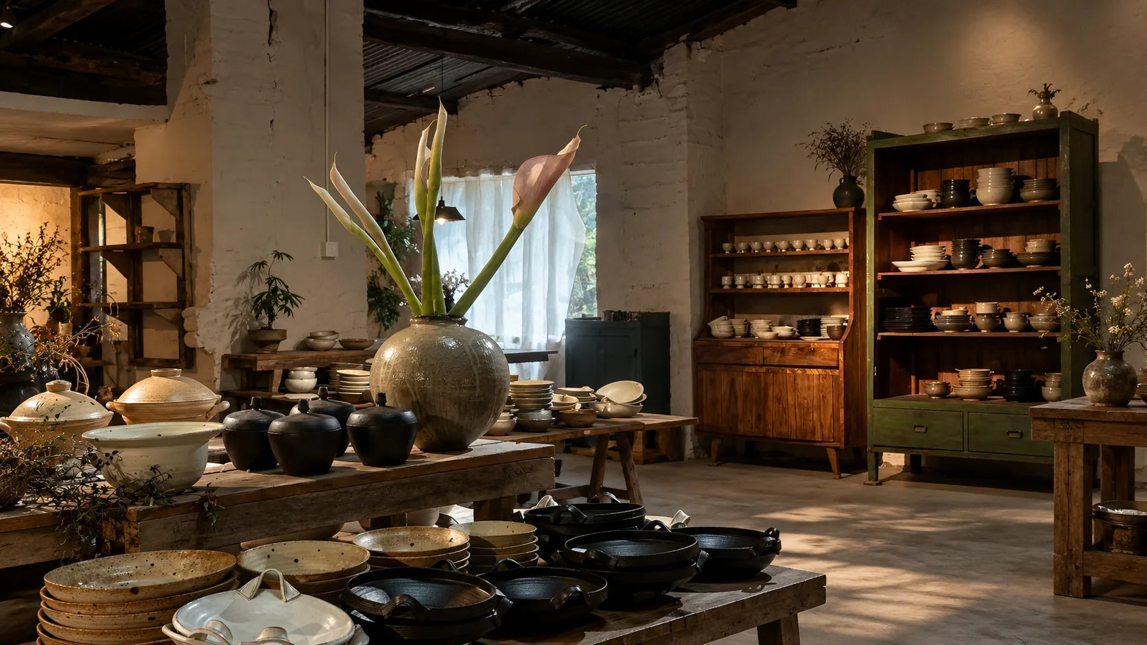 A pottery showroom of stacked bowls, lidded jars and plates on wooden tables and shelves