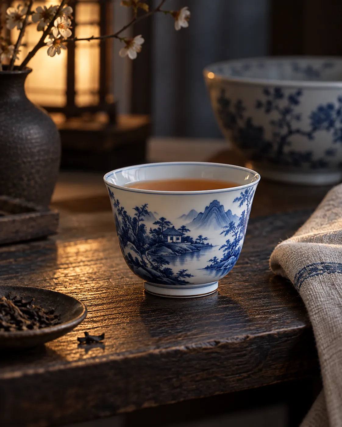 Blue-and-white teacup with linen and a bowl in warm evening light.