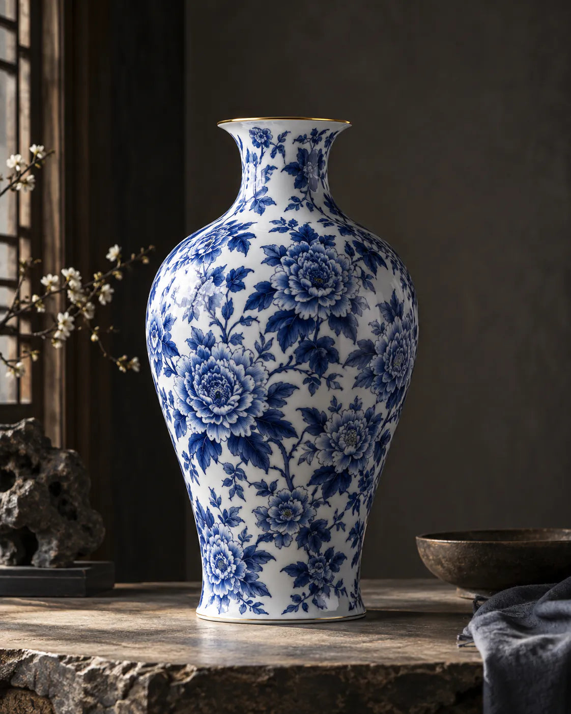 Large blue-and-white floral vase with a fine gold-coloured rim.