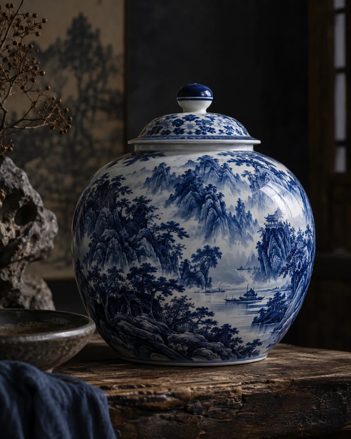 Lidded porcelain jar with a detailed cobalt landscape emerging from shadow.