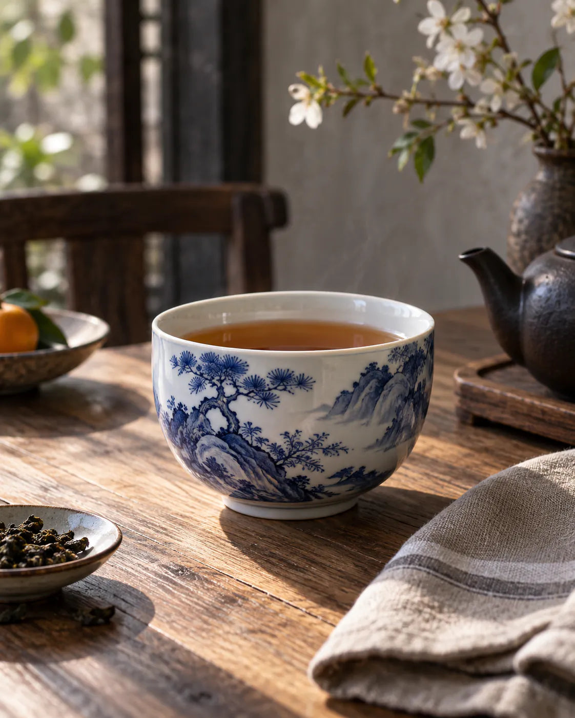 Round blue-and-white teacup in a warm morning table setting.